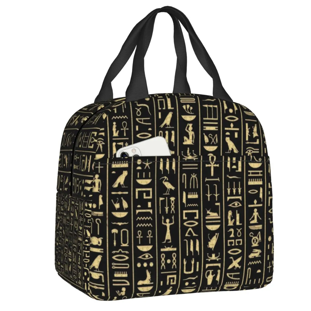 

Custom Black Gold Hieroglyphics Lunch Bag Women Cooler Warm Insulated Lunch Box for Kids School Children