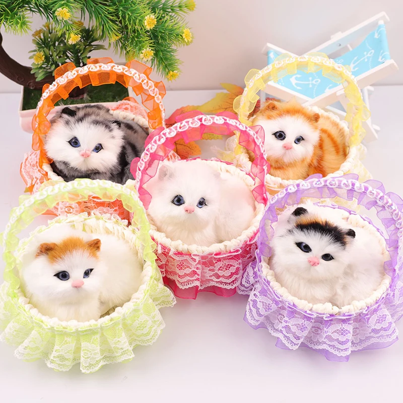 Simulated Artificial Fur Cat Portable Lace Flower Basket Model Realistic Cat Toy With Sound Kids Interactive Toy Birthday Gift