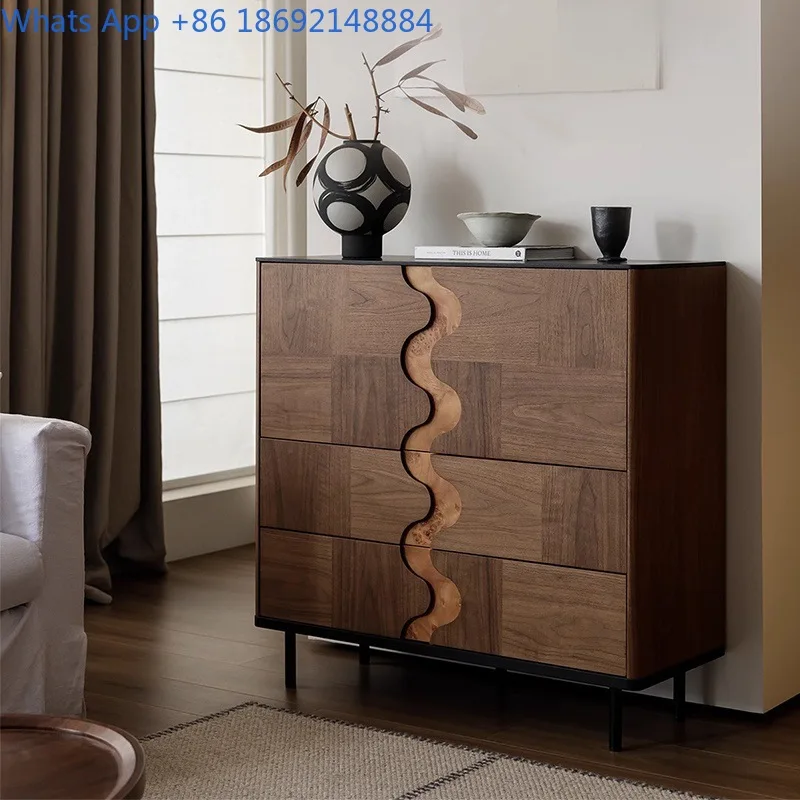 Solid Wood Sideboard Walnut Inlay Flip Door Cabinet Vintage Style Dining Room Living Room Storage Cupboard