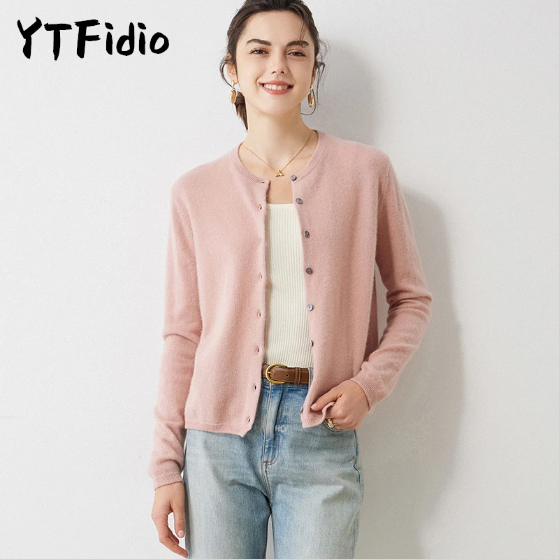 

YTFidio 100% Cashmere Women Cardigans Sweater O Neck Causal Coats Solid Soft Warm Knitwear Tops Streetwear Sweater 39