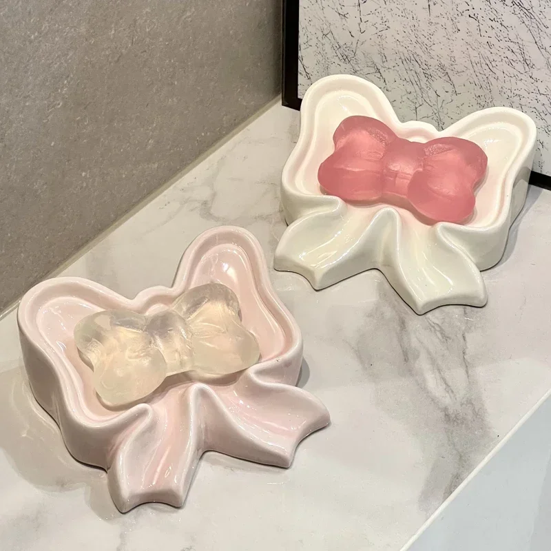 Creative ceramic bow soap box household soap box cute bathroom storage no water accumulation soap dish bathroom accessories