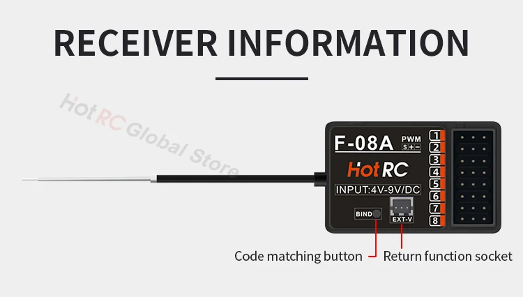 HOTRC-receptor multiusos para Dron, dispositivo de 2,4 Ghz, 8 canales, función de Control mixto, F-08A, para HotRC HT8A