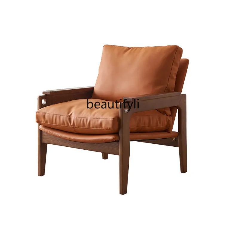 

Modern Minimalist Solid Wood Sofa Chair Small Apartment Balcony Recliner Hotel Single Armrest Leisure Chair Designer Home