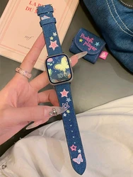 Y2k Star Butterfly Embroidered Denim Leather Watch Strap For Apple Watch Band 41mm 40mm 38mm Girl Band For iwatch 8 7 SE 6 5 4 3