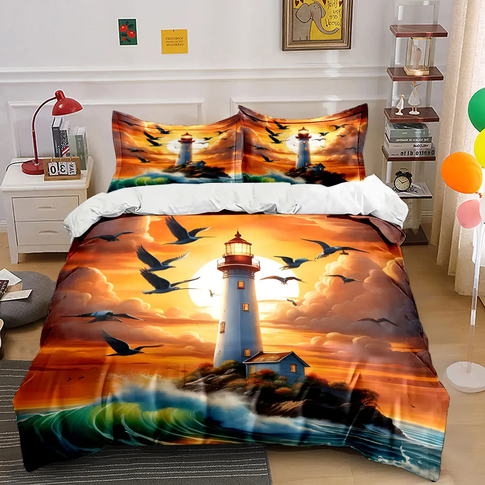 Lighthouse and Birds in Dreamy Sunset Pattern Duvet Cover Set Digital Print Colorful Polyester Bedding with Zipper Closur gifts