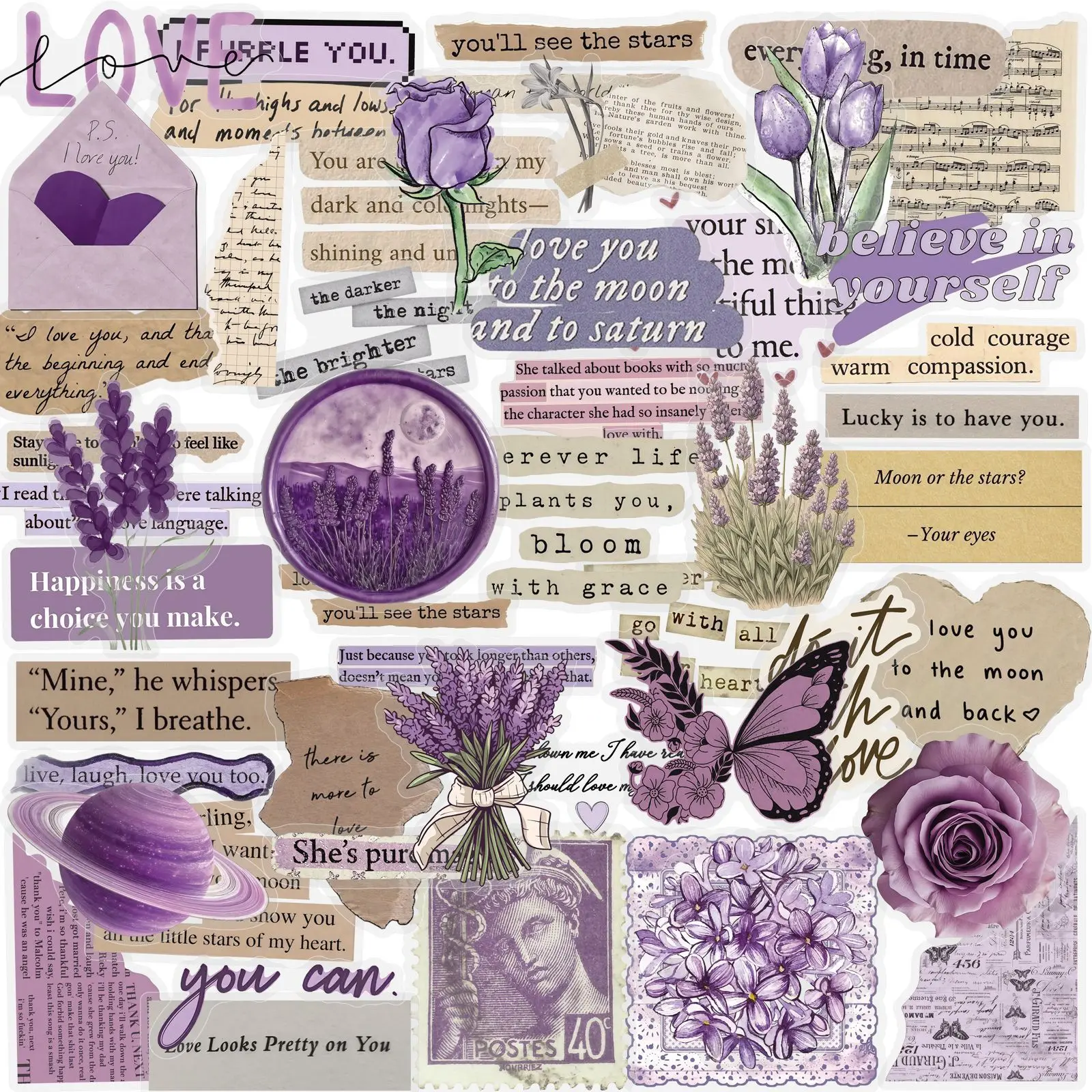 50 Pcs Vintage Purple Artistic English PET Graffiti Stickers Girly Waterproof Decals for Journal Stationery Cross Border Gift