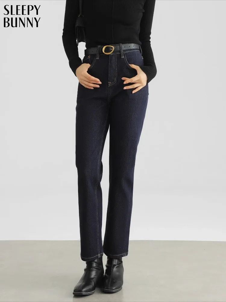 Retro Contrast Stitch Jeans High Waist Straight Denim Pants for Women Autumn Stretch Cropped Trousers Loose Casual Long Bottoms