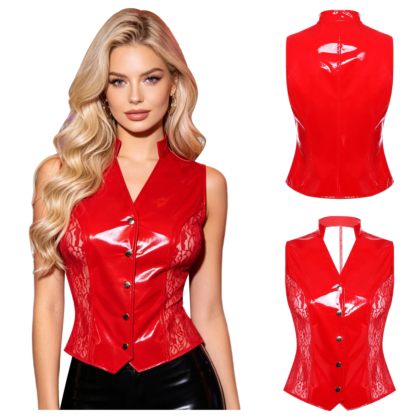 

Womens Glossy PU Leather Vest Top Sheer Floral Lace V Neck Sleeveless Tank Top Blouse for Bachelorette Clubwear Performance Show
