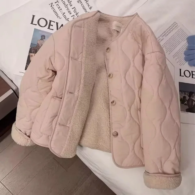Korean  Pink Diamond Pattern Lamb Fur Cotton Padded Jacket Women's Autumn Winter Thicken Warm Loose Fleece Lined Outerwear