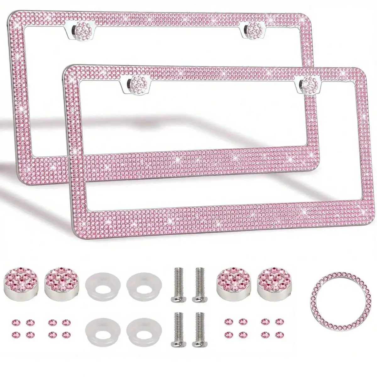 2 Stück Glitzernder Strass-Kennzeichenhalter, Funkelnde Kristall-Autokennzeichenabdeckung mit Schraubkappen, Universeller Standard – Detail 2
