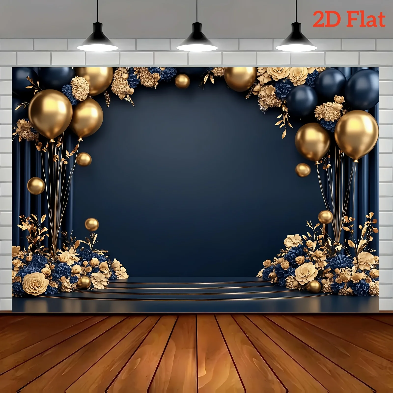 1-teiliges 2D-Flachbanner mit bezauberndem marineblauem und goldenem Polyester-Hintergrundstoff, geeignet für Partys zu Hause, im Studio und im Freien