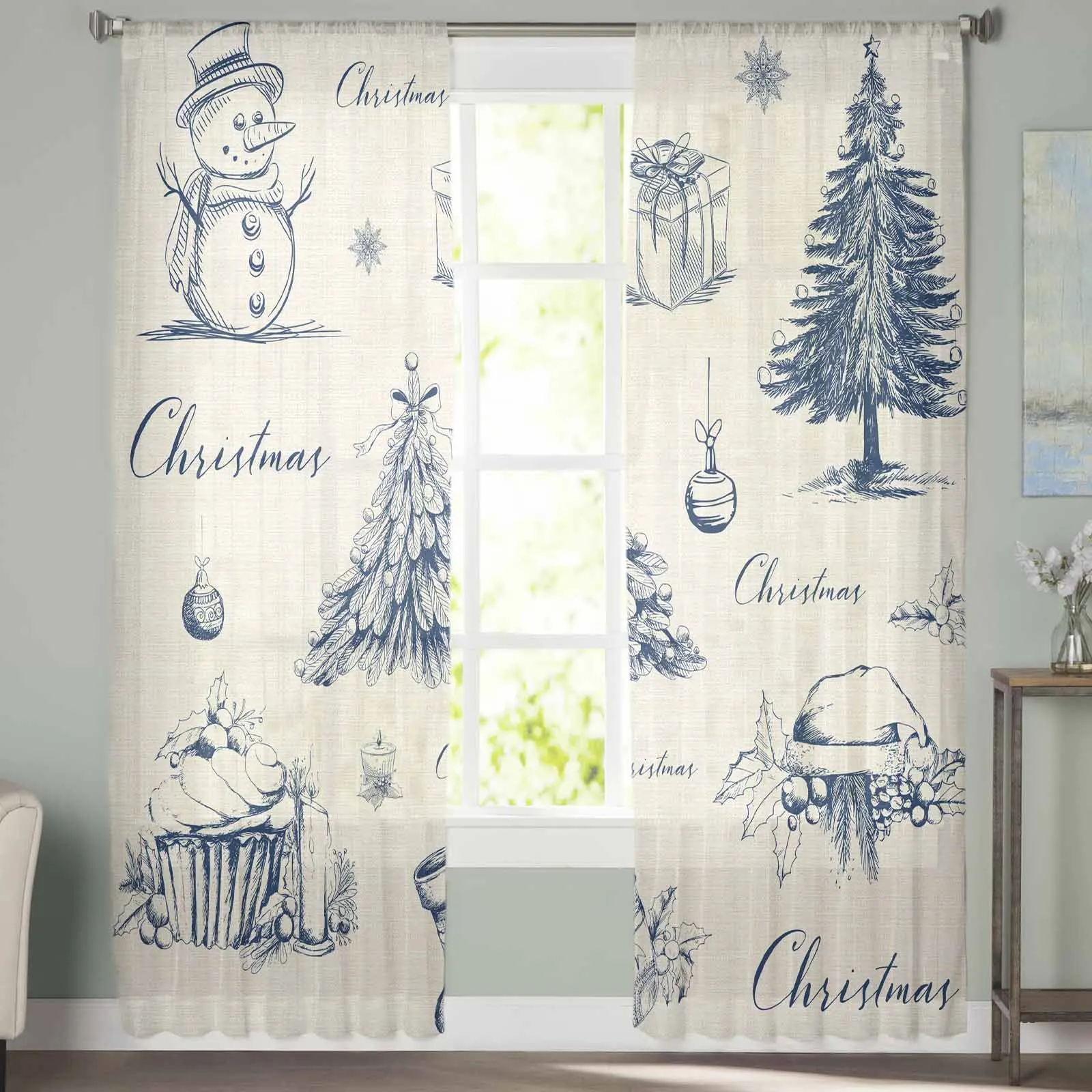 Water Pen Style Snowman Christmas Tree  Sheer Curtains for Living Room Bedroom Home Hotel Decor Chiffon Tulle Curtains