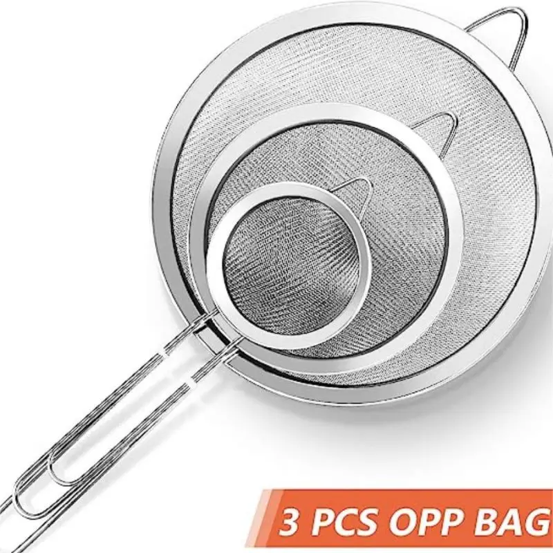 3Pcs Super Wire Extra Fine Mesh Strainer with Handle, Small Medium Large Size Sifter Metal Strainer Set, Stainless Steel