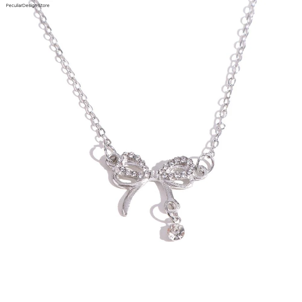 Clavicle Chain Silver Bowknot Necklace Love Heart Pendant Jewelry Accessories Bow Necklace Pendant Rhinestone Alloy