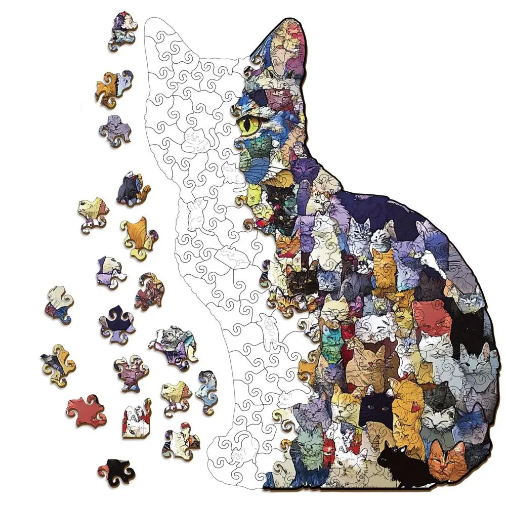 A Box Kitten Shapes Wooden Cat Puzzle Wooden Brain Teaser Animal Shape Puzzles Cartoon Cute Irregular Shapes Puzzle