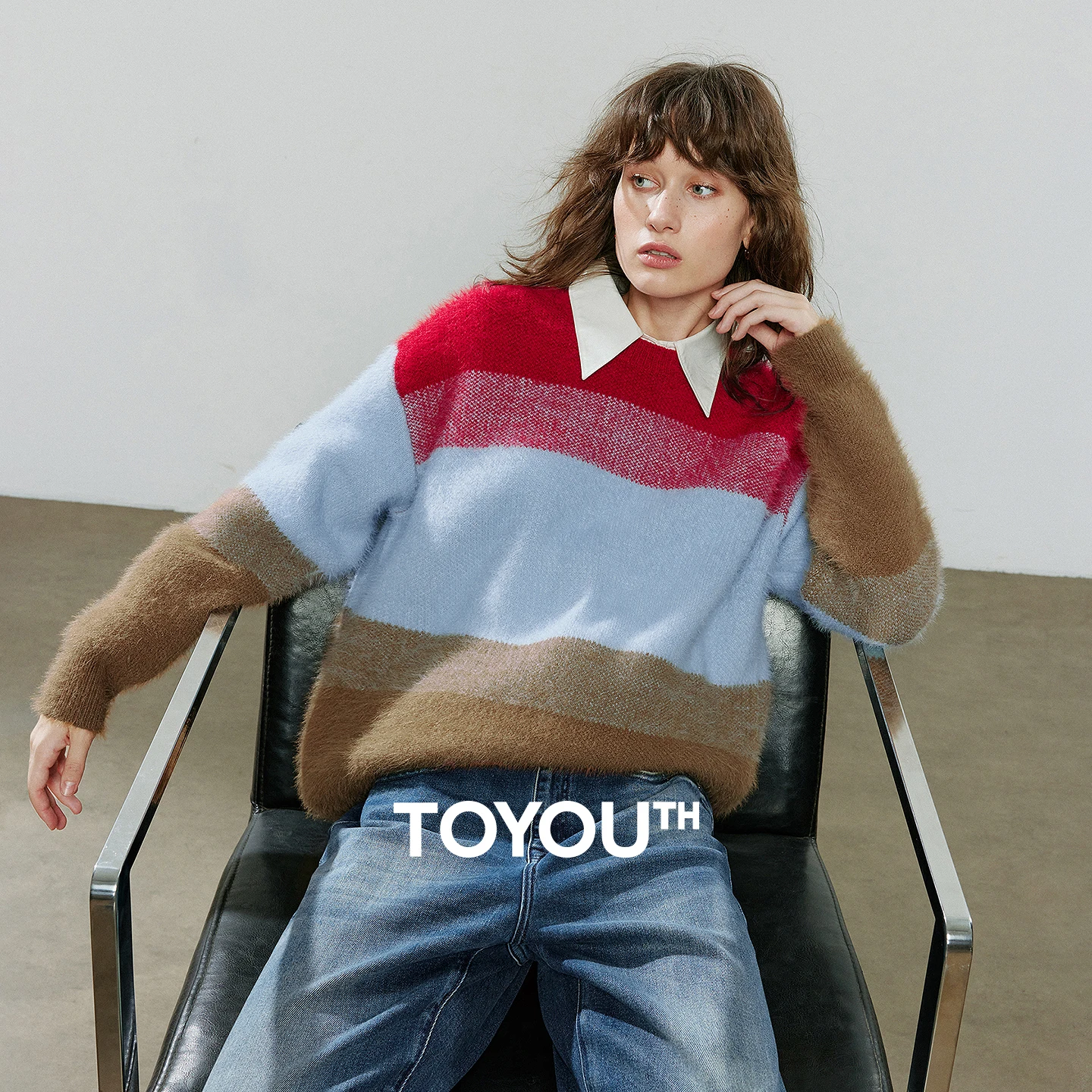 

TOYOUTH Women Sweaters 2025 Winter NewAsymmetric Crew Neck Loose Mink-Like Rainbow Stripe Cashmere-Like Knit Top
