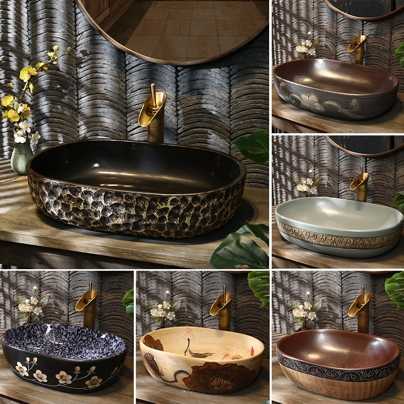 

The product can be customized.Ceramic washbasin, oversized elliptical countertop basin, retro creative industrial style