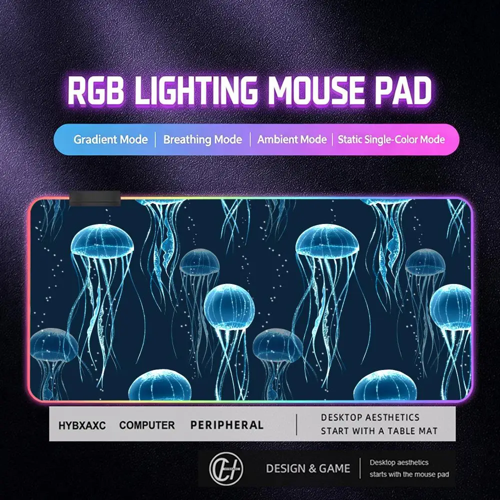 HYBXAXC Mouse Pad RGB Gaming Mouse Pad Desk Mat HD Gamer Large LED Light XXL ight Blue Jellyfish Large RGB Mousepad 900X400X3MM