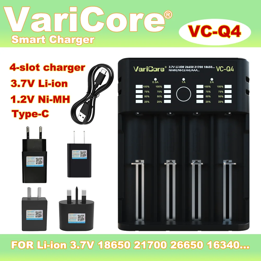 Varicore VC-Q4 4-slot chytrý baterie nabíječka přenosné  pro 3.7V li-ion 18650/26650/21700 & 1.2V ni-mh AA AAA - LED displej
