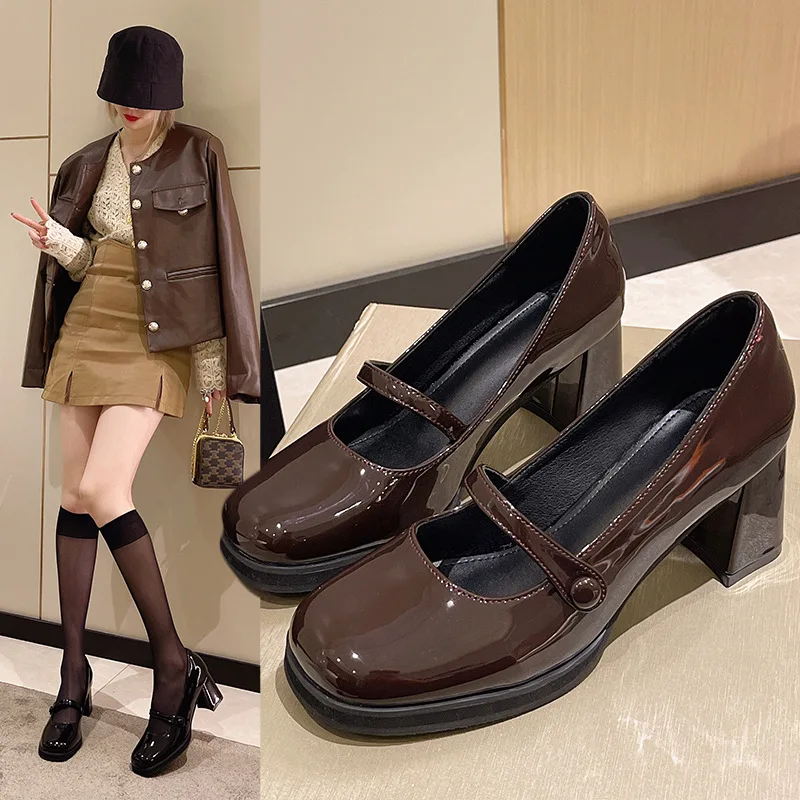 

Summer New Patent Leather Brown Shoes Vintage Thick High Heels Shoes Women Woman Square Toe Chunky Heels 2026