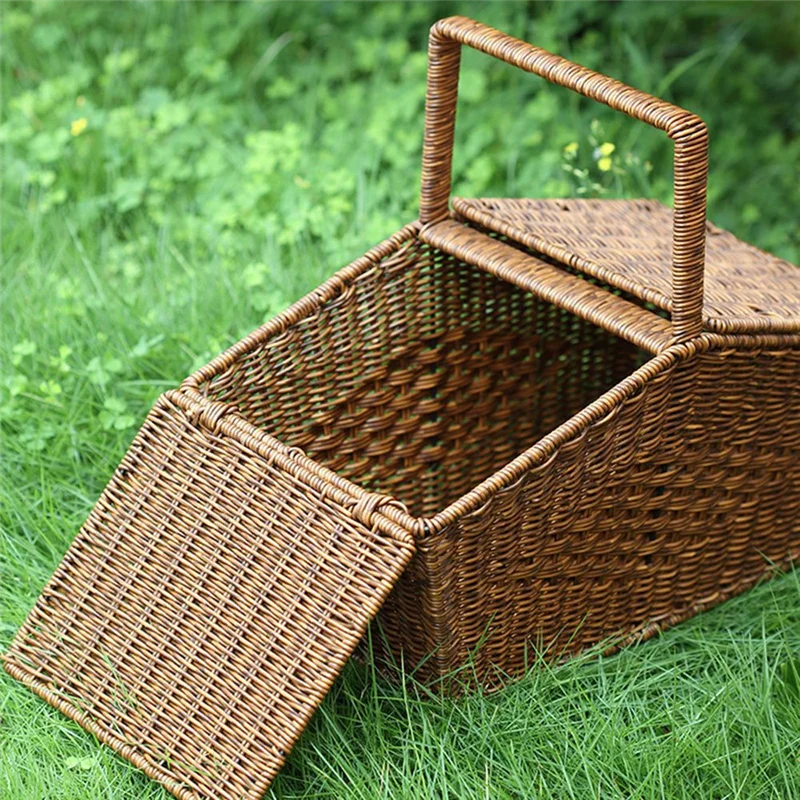 

Best-Pastoral Style Hand Basket With Lid Imitation Rattan Woven Picnic Basket Fruit Snacks Sundries Storage Basket