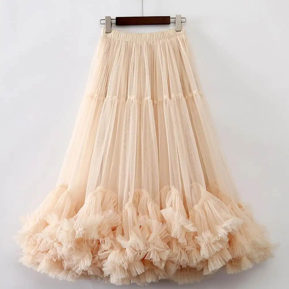 

2026 Mesh Yarn Midi Skirt High Elastic Waist Ruffles Trim A-line Skirt Casual Solid Color Puffy Skirt Leisure Tulle Skirts 80%