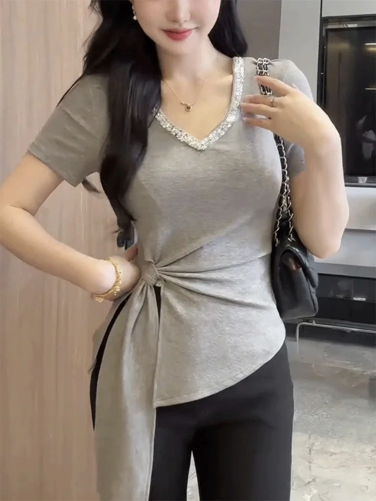 

Faionable Heavy Embellied V-Ne ort Sve T-irt Women's Summer New Unique Slimming Beautiful Top Korean Sle Cotton