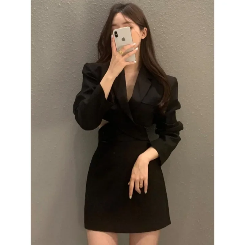 Jacket Skirt Two Piece Sets Long Sleeve V-neck Coat Suit Autumn+ Mini Skirts Korean Office 2pc Set Elegant Suit