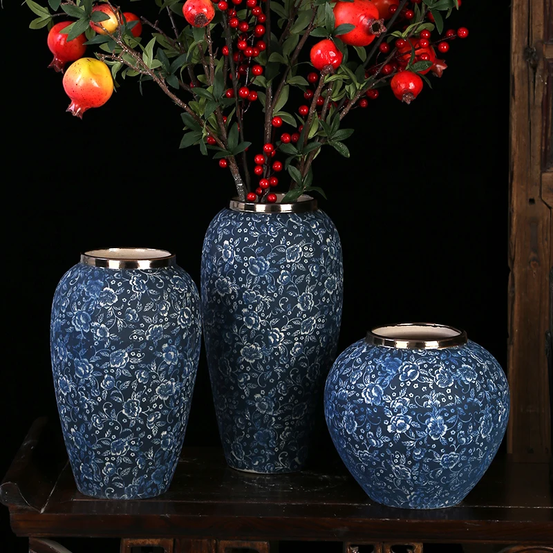 Chinese Living Room Retro Blue and White Tabletop Flower Arrangement Ceramic Flower Vase , Dried Flower Hydroponic Flowerpot