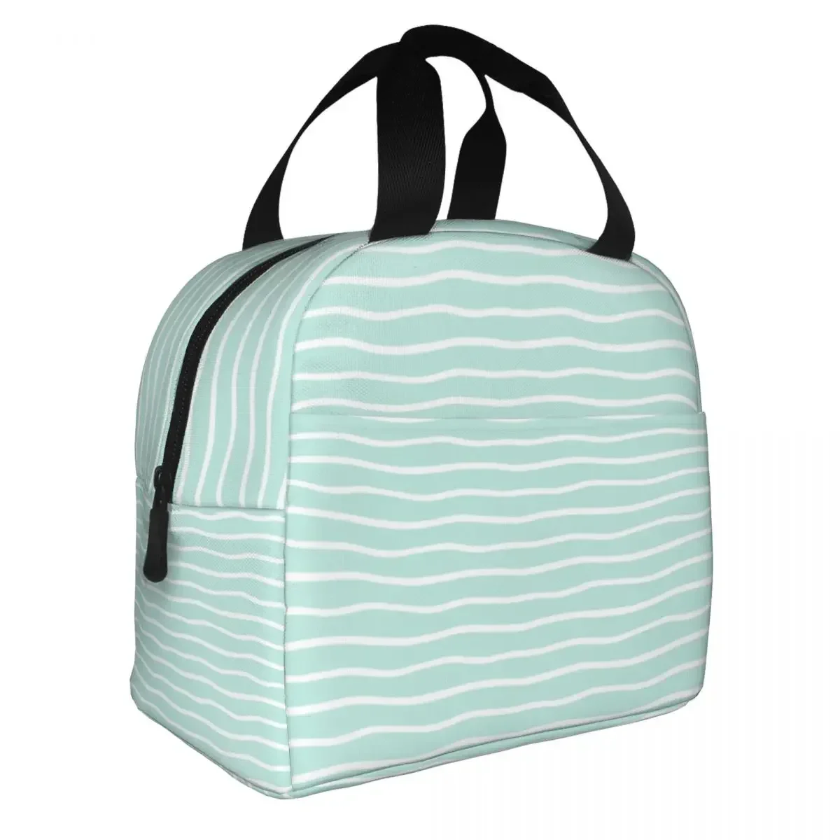 Green Wavy Stripes Lunch Bag Portable Insulated Oxford Cooler Thermal Cold Food School Lunch Box for Women Kids