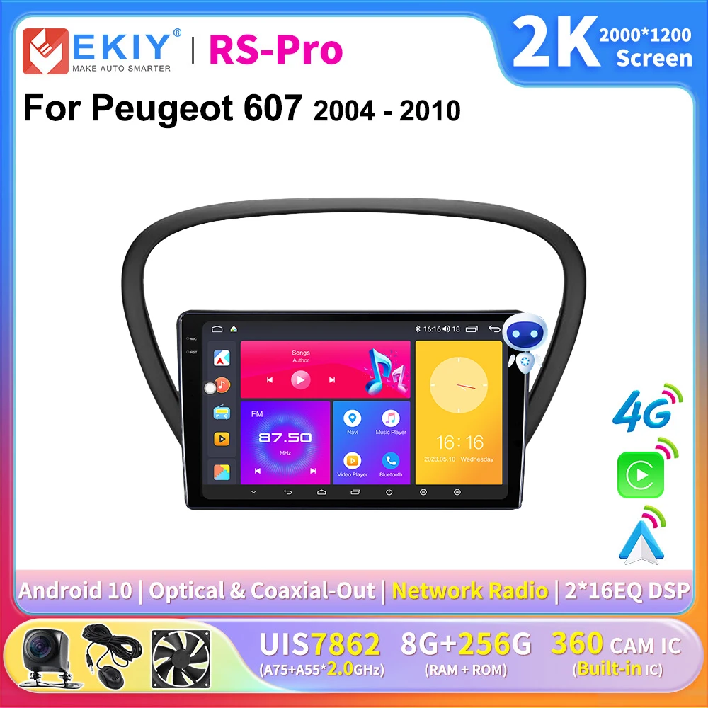 

EKIY 2K Screen CarPlay Radio For Peugeot 607 2004-2010 Android Auto 4G Car Multimedia GPS Player Stereo Navigation DSP Ai Voice