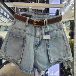 Retro Denim Shorts for Women 2025 European New Style Design Big Pocket Hotties Small A-line Wide-leg Hot Pants