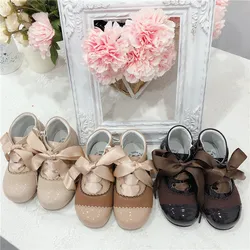 Zapatos de princesa española personalizados para niñas, botines con lazo de cinta de cuero, otoño e invierno, 2020