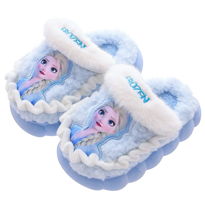 Disney-Zapatillas de algodón para niña, pantuflas de invierno para niña, princesa Elsa, Frozen, fondo grueso de terciopelo cálido, algodón para