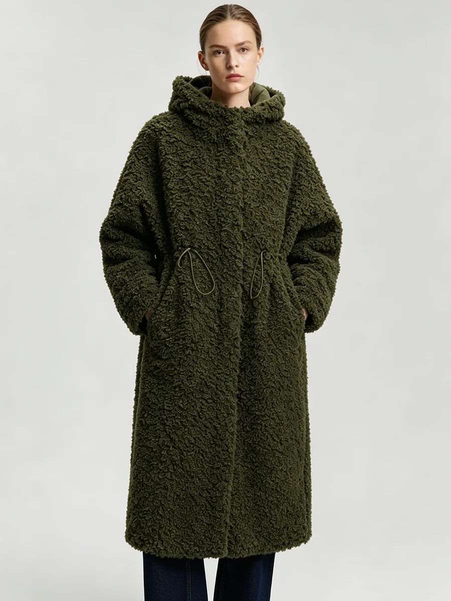 LIMO Women Long Coat Hooded Drawstring Waist Curly Fleece Thick Winter Outerwear