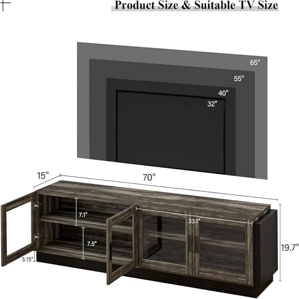 70 Inch TV Stand with LED Lights, Large Entertainment Center for 65 75 80 Inch TV with Transparent Doors Storage, Adjustable Sh