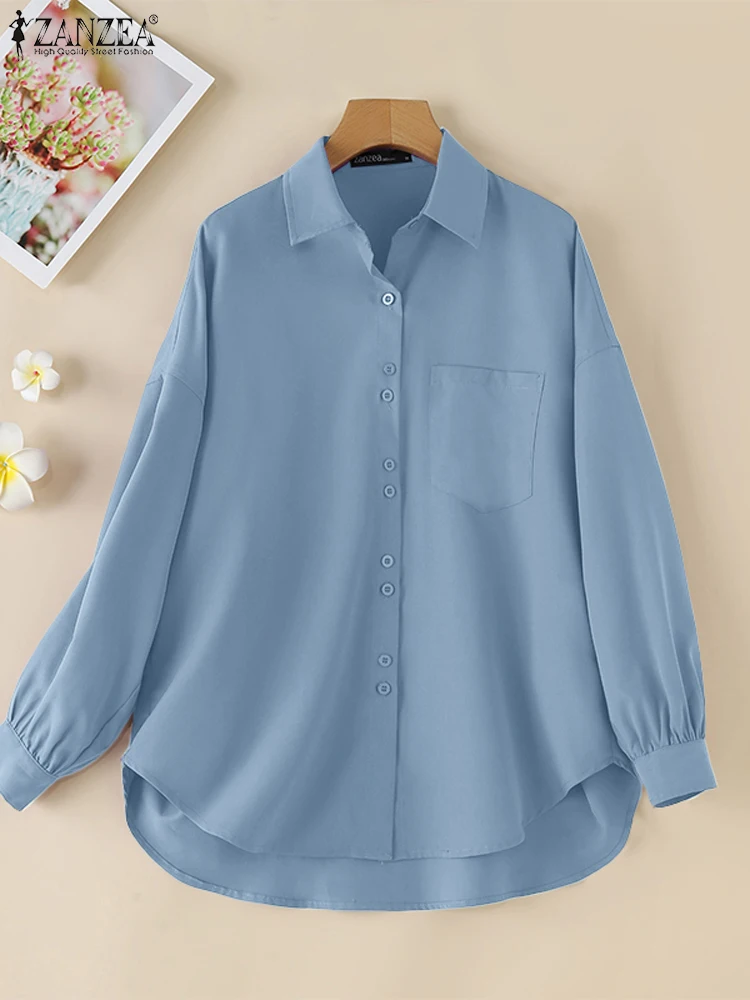 ZANZEA, Camisas holgadas informales de manga larga acampanada, Camisas lisas de estilo coreano con cuello vuelto para mujer, blusas de gran tamaño para otoño 2024