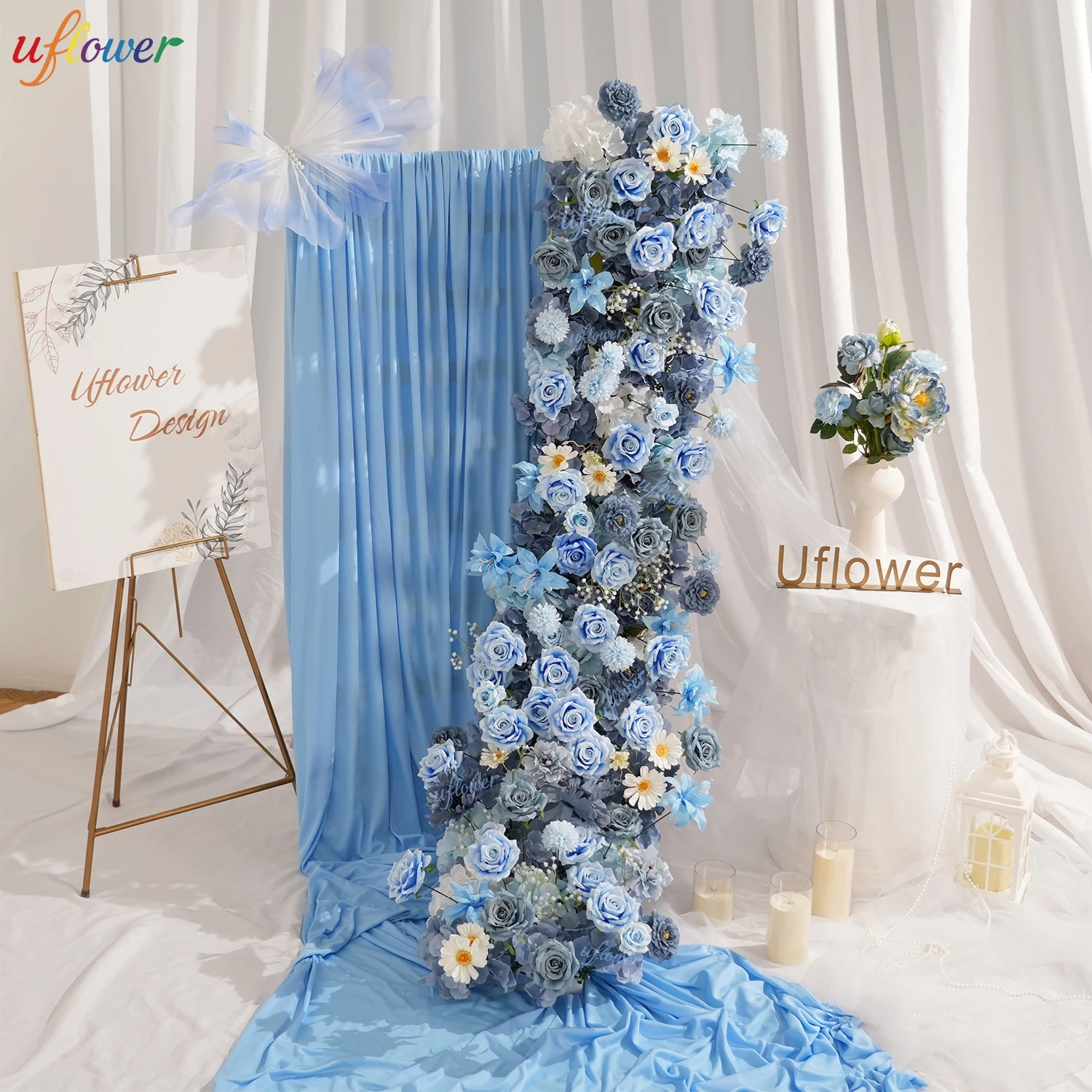 Uflower Custom Artificial Blue Rose Flowers Luxury Flower Row for Table Centerpiece Wedding Party Backdrop Wall Decorations