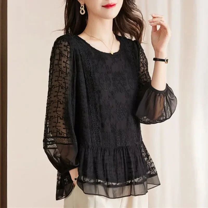 

Women's Clothing Stylish Embroidery Casual Loose Shirt Nine Quarter Sleeve Spring Commute Solid Color All-match Blouse LU353