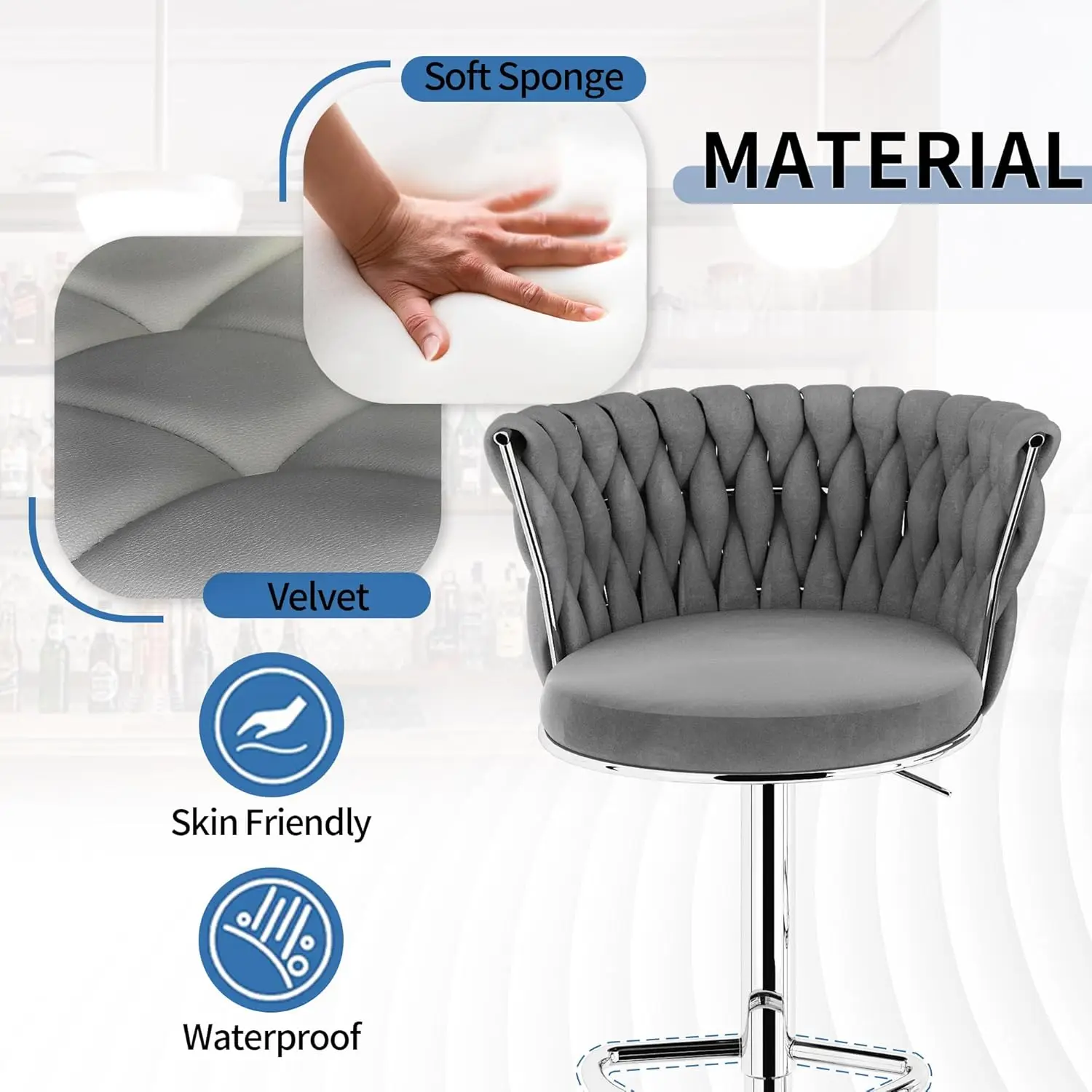 Velvet Bar Stools Set of 2, Modern Adjustable High Backrest Kitchen Counter Chairs, Grey