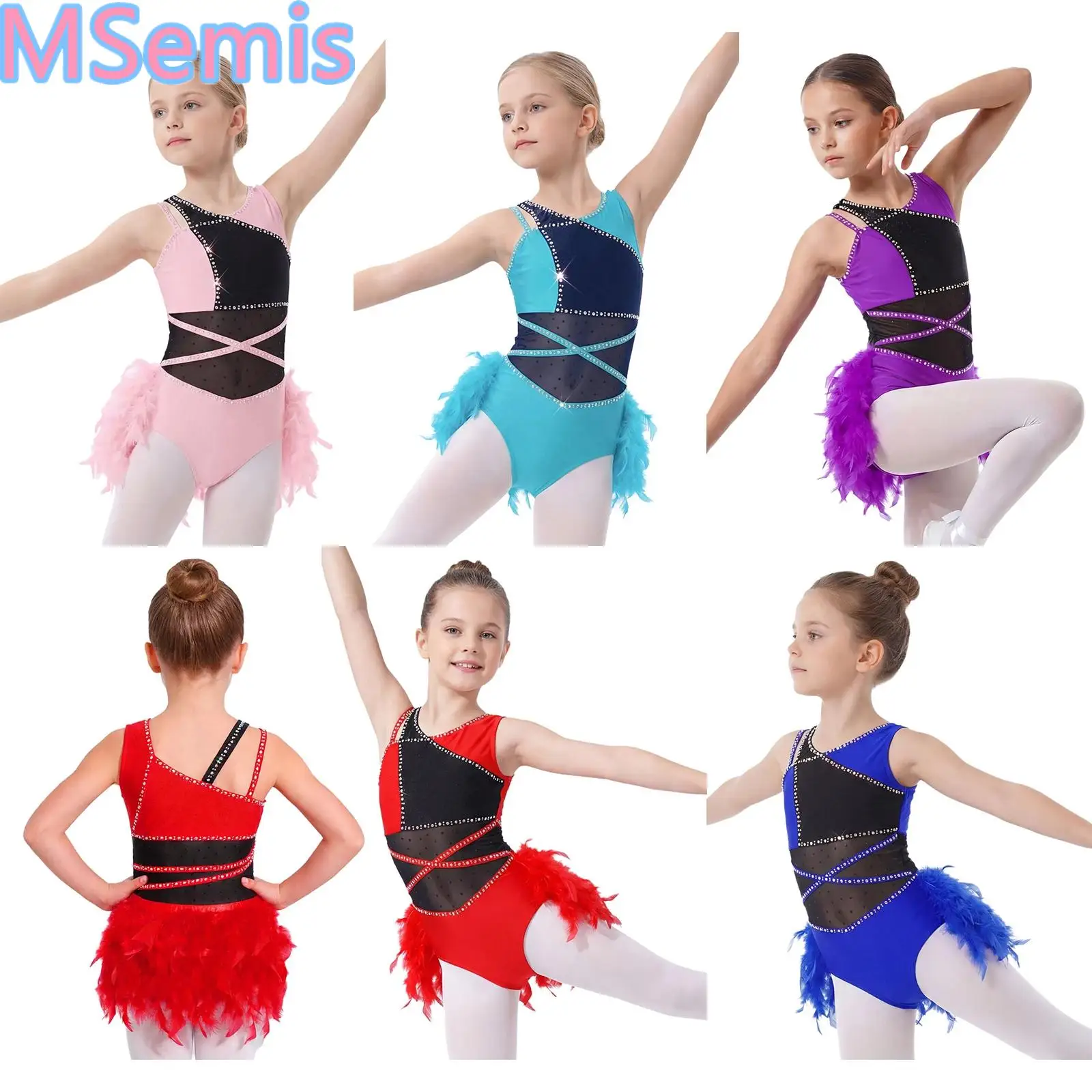 Kids Girls Feather Latin Dance Leotard Asymmetrical Shoulder Sleeveless Press Button Crotch Mesh Patchwork Color Block Bodysuit