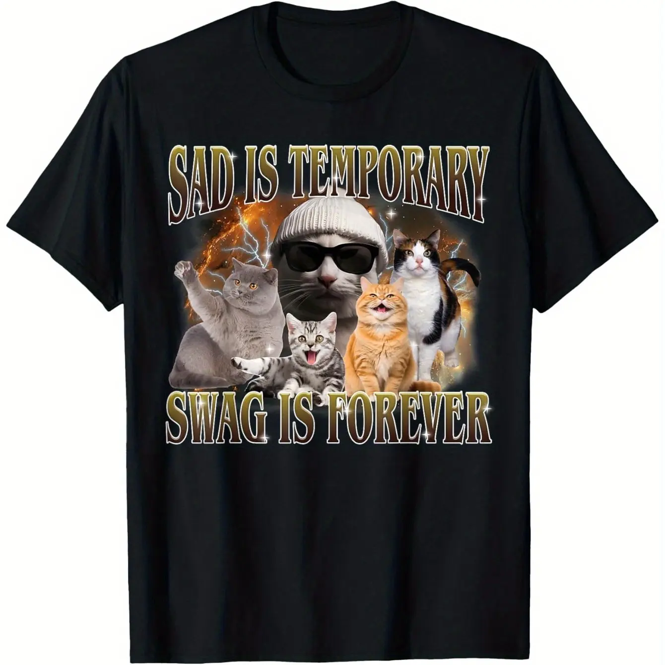 

Футболка с забавным котом-мемом Sad Is Temporary Swag Is Forever, дизайн унисекс, хлопковая повседневная футболка с круглым вырезом, игривые иллюстрации кошек