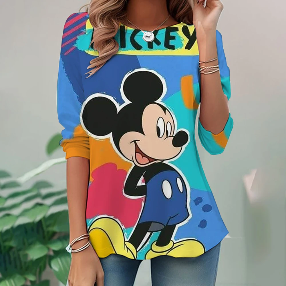 New Spring and Autumn Women's Disney Mickey Mouse Printed Casual Fashion Long Sleeve Round Neck Loose T-shirt Hoodie