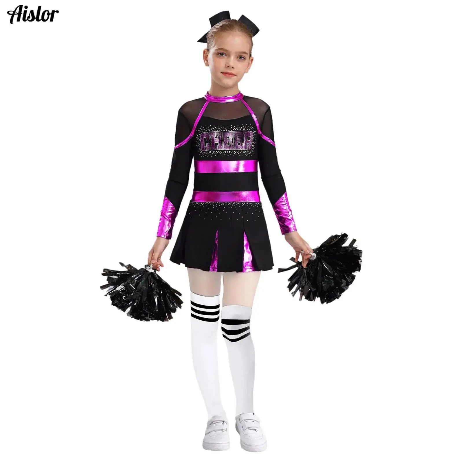 

School Girls Cheerleader Uniforms Suit Kids Long Sleeve Pleated Dress Socks Clothes Sets for Children Cheerleading Dance Outfits