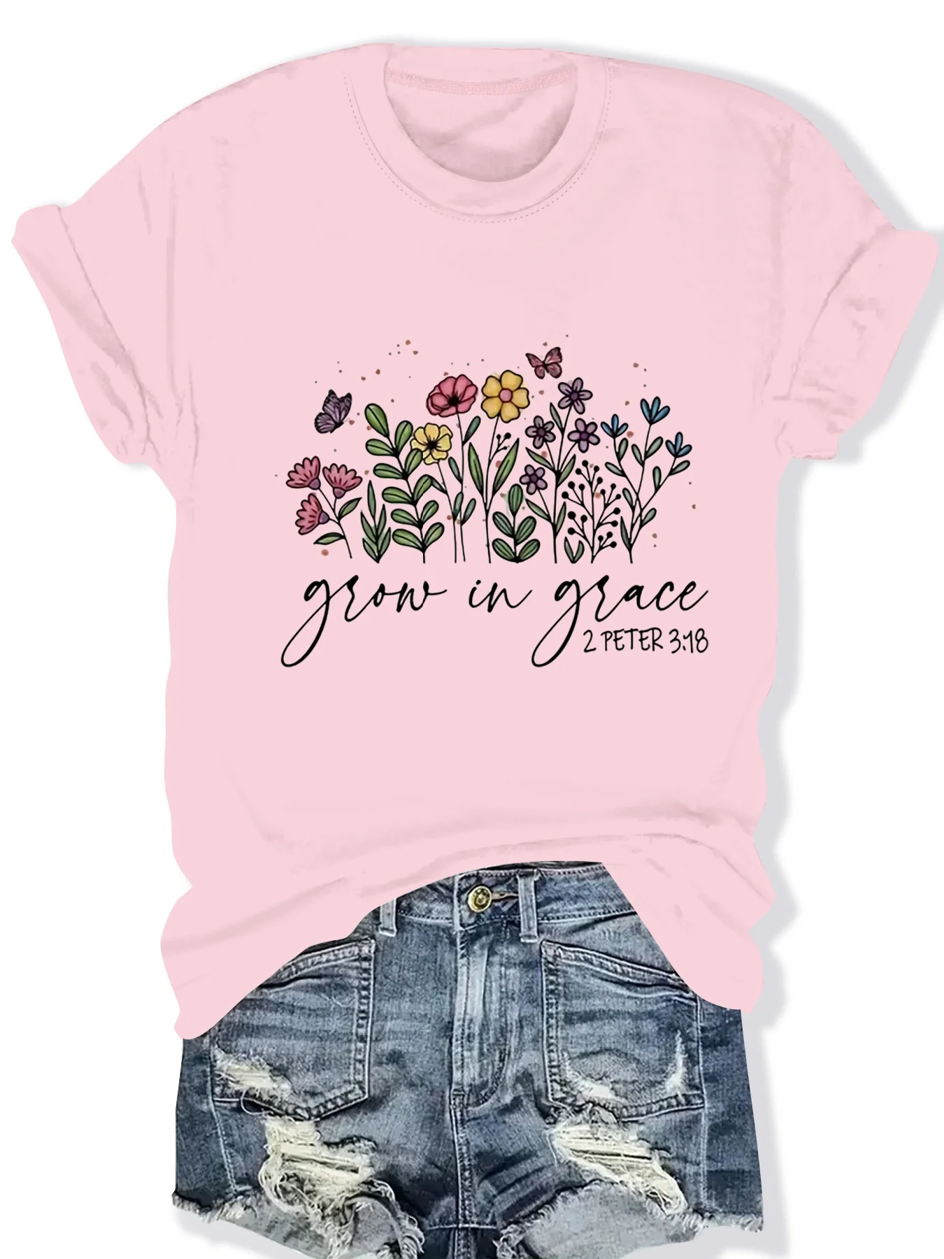 

Fashionable Floral Letter Print round Neck Short Sleeve Top for Women Stylish Casual Print T-Shirt