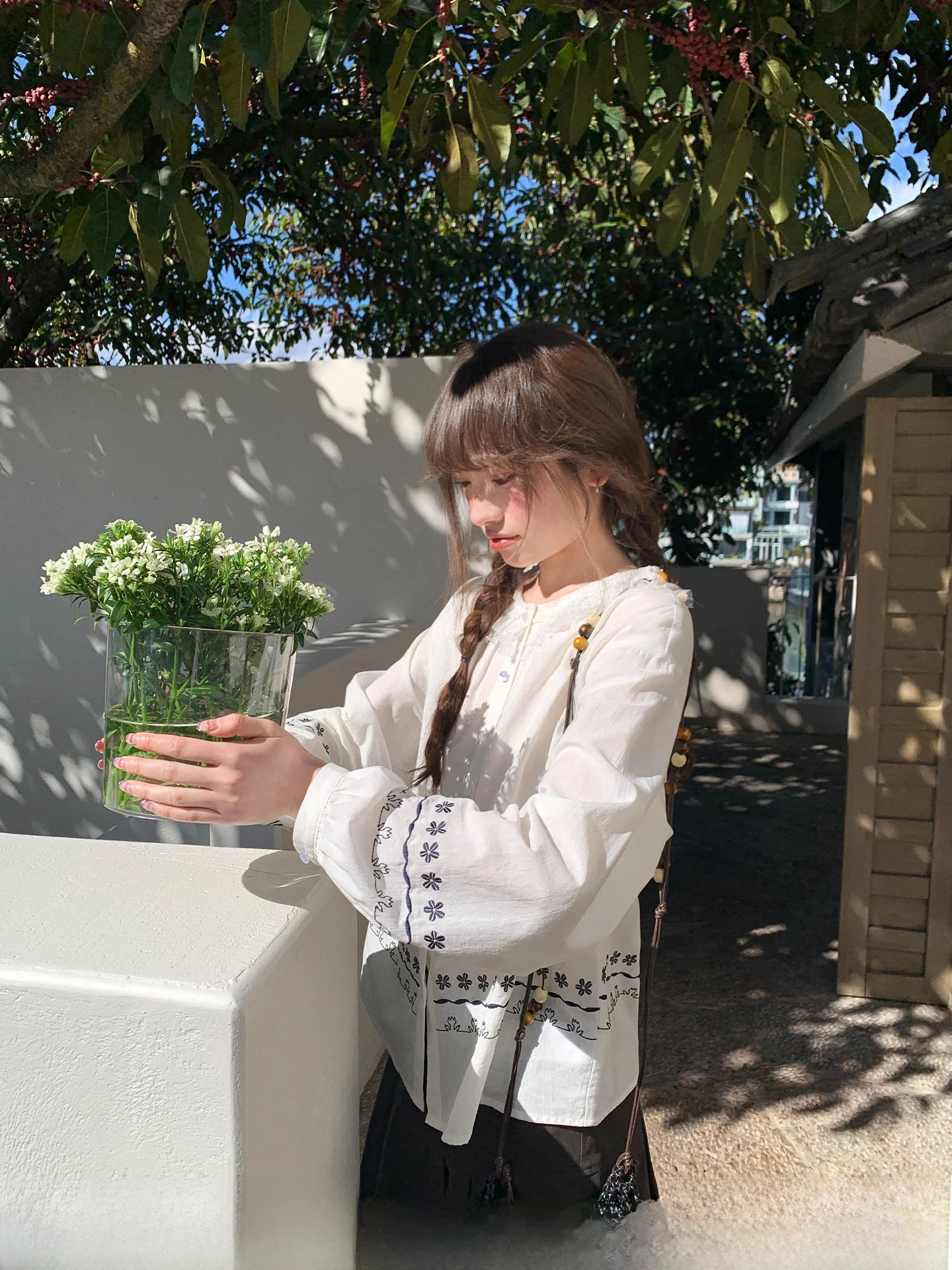 

French Sle Loose Fit Cotton Lace irt Embroidered Wind Flower Vine Lace Collar Daily Wear Button up Long Sve irt