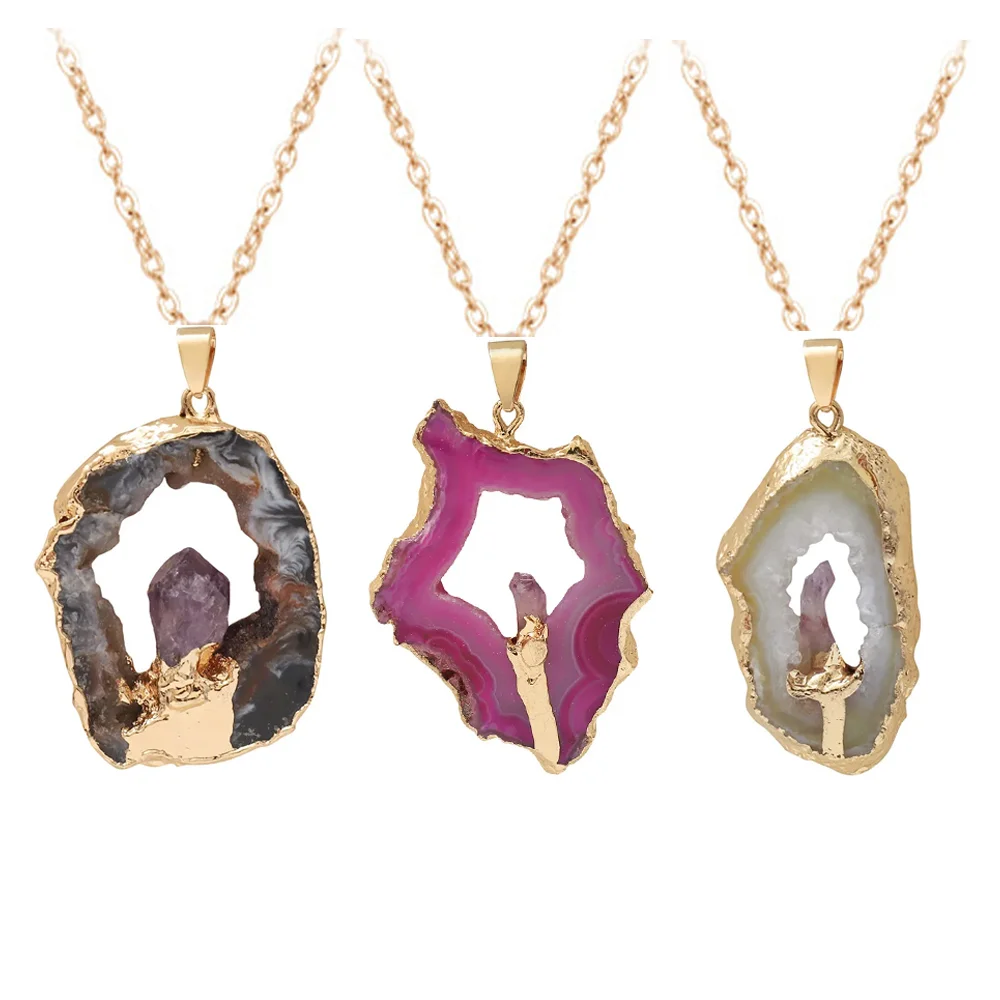 

Bohemian Style Irregular Natural Agate Quartz Pendant Necklace Stainless Steel Jewelry Gift Must Have Fashion Accessory Necklace