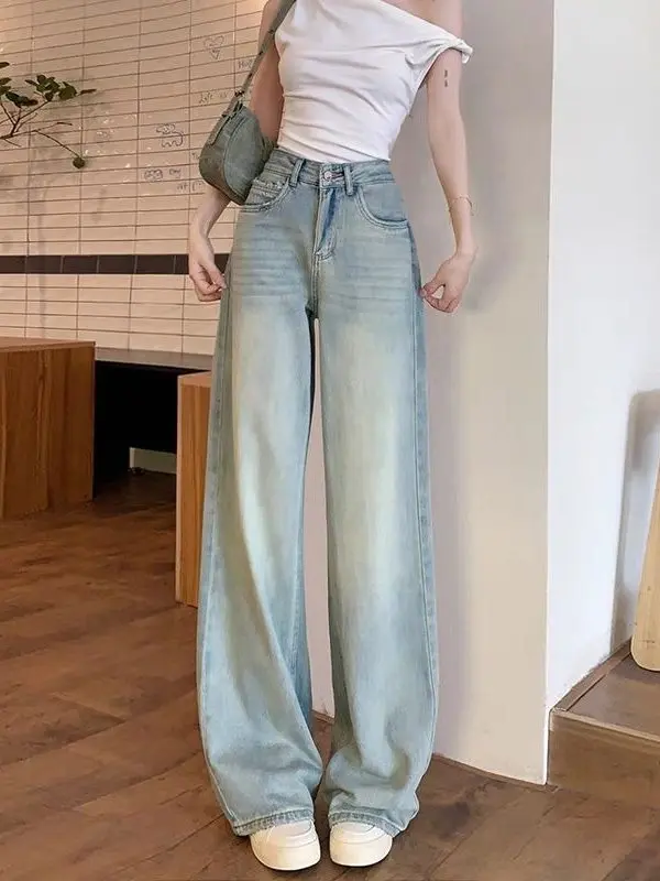 

Женские джинсы с высокой талией, свободного кроя, из светлого денима, весна-лето, прямые, широкие, удлиненные, с эффектом похудения