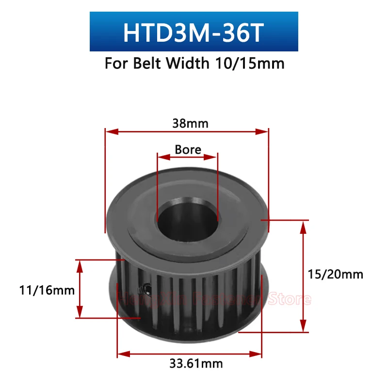 1pcs HTD3M Steel Timing Pulley 36 38 Teeth Synchronous Wheel Teeth Width 11/16mm Bore 5 6 6.35 8 10 12-20mm Drive Belt 36T 38T