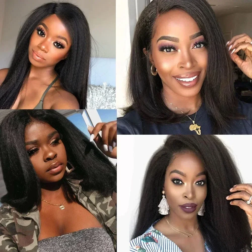 14 بوصة الطبيعية الأفرو غريب مستقيم شعر مستعار اصطناعي للنساء براون شقراء ياكي قصيرة غريب مجعد الشعر المستعار